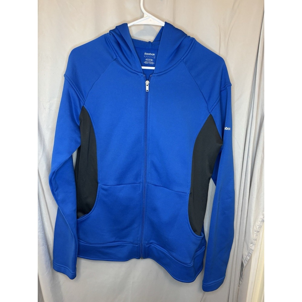 Reebok Hoodie Mens L Blue/Black Full Zip PlayDry Athletic Lightweight Jacket